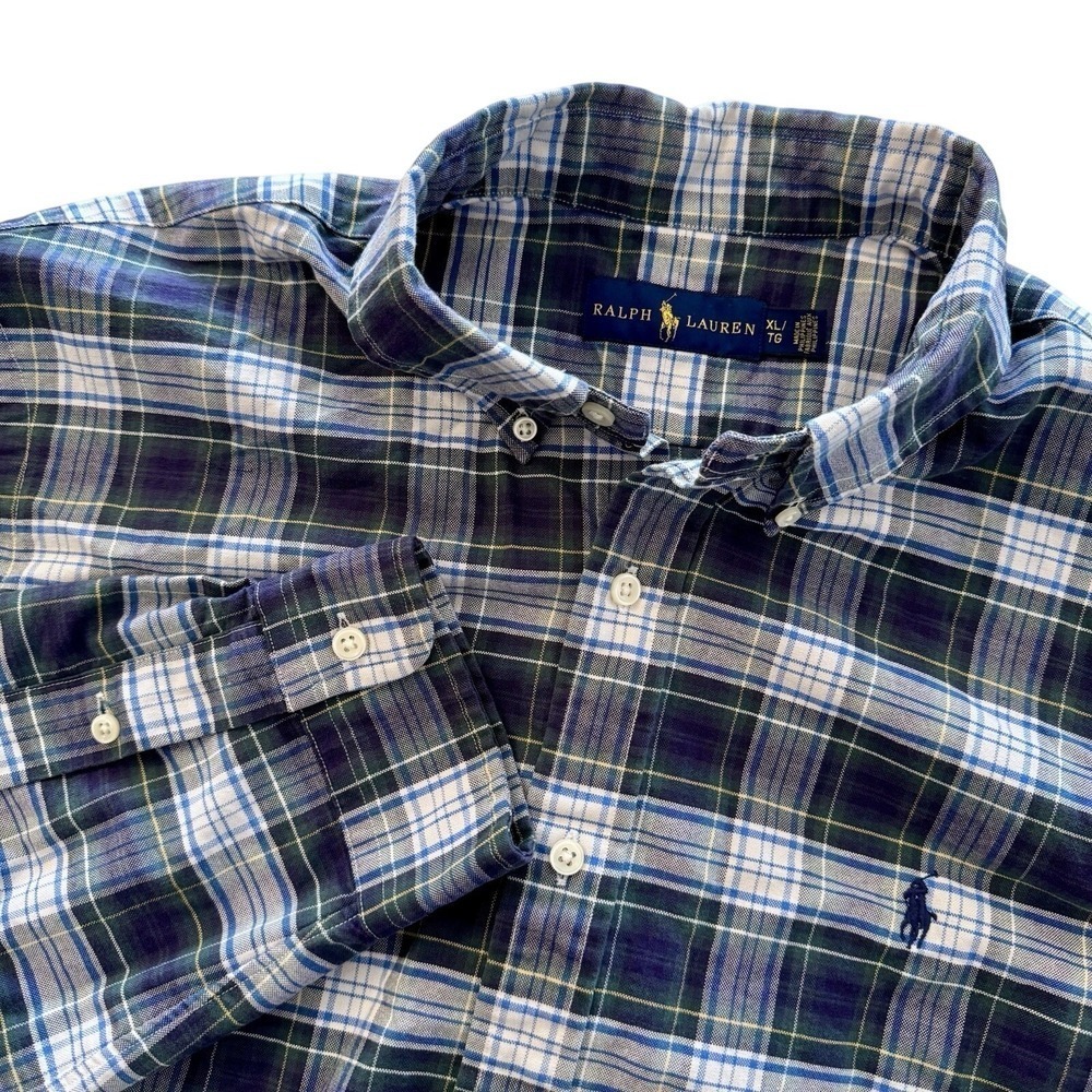 Polo Ralph Lauren Mens XL Plaid Button Down Blue Green Long Sleeve Cotton Pony